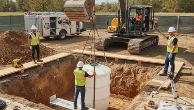 Septic tank installation for Boise, ID homes with excavation and plumbing crew on site